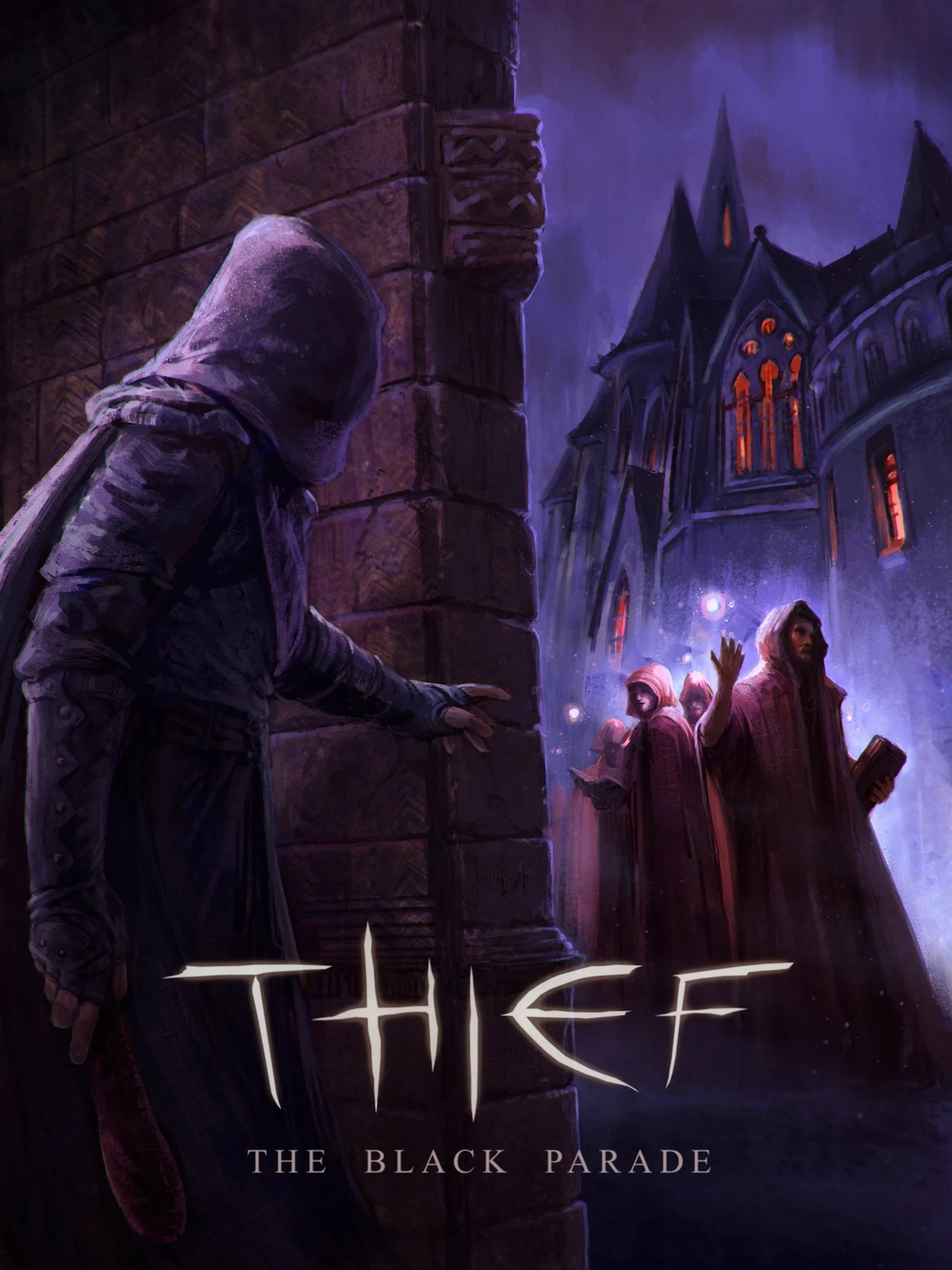 Арт Thief The Black Parade: фигура в тени и люди у готического здания